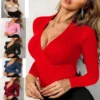 2024 New Sexy Slim Solid V-neck Knitted Long-sleeved T-shirt Top Women's Wear