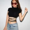 2025 Summer Women Black Short T-Shirts Sexy Crop Tops Short Sleeve Bandage Tee Tops Female Shirts